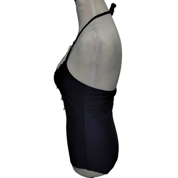 Boutique 1PC Black Swimsuit SMALL Crochet Trim Plunging VNeck Coquette Girl NWOT - Picture 2 of 15